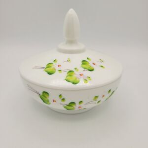 Vintage Fenton Pink Blossoms in the Snow Covered Candy Dish Painted Milk Glass